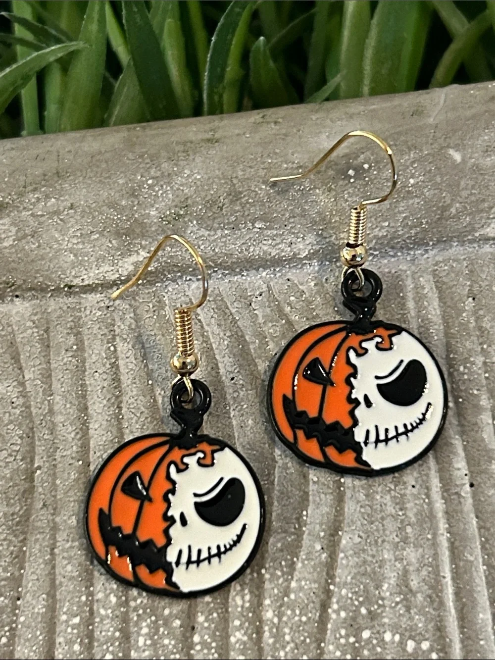Halloween Pumpkin Skull Dangle Earrings - Orange & White
